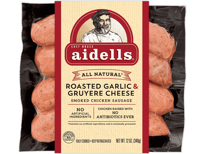 ALL NATURAL* ROASTED GARLIC & GRUYERE CHEESE SMOKED CHICKEN SAUSAGE