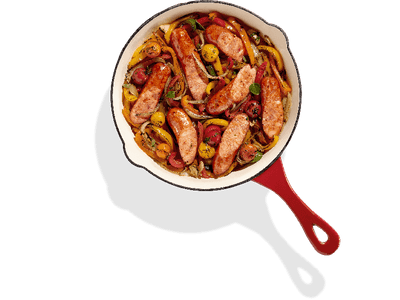 Cajun Style Andouille Sausage Skillet with Mixed Peppers, Onions & Blistered Tomatoes